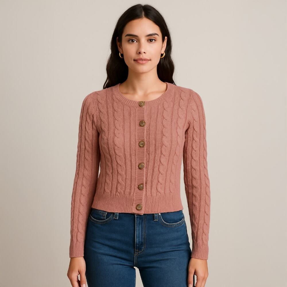 A303 • Dusty Rose Cable Knit Cropped Cardigan